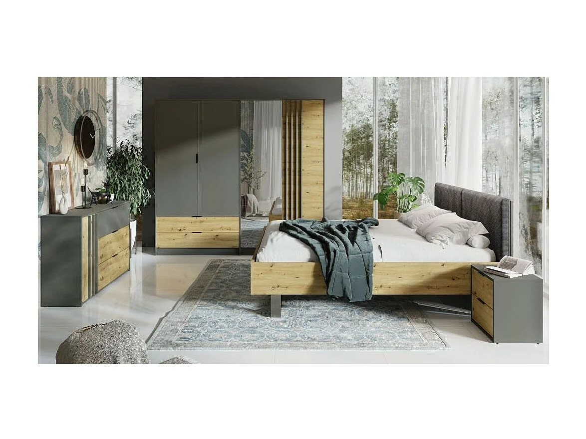 Volledige slaapkamer set IZO: Kast, bed 160x200, commode, nachtkastjes, eiken/antraciet grijs