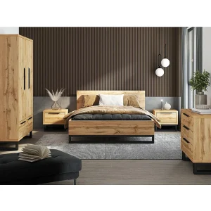 Complete industriële stijl slaapkamerset collectie MILOS: kledingkast met 3 deuren, bed 160×200, dressoir, nachtkastjes, ruw eiken en zwart Complete industriële stijl slaapkamerset collectie MILOS: kledingkast met 3 deuren, bed 160×200, dressoir, nachtkastjes, ruw eiken en zwart