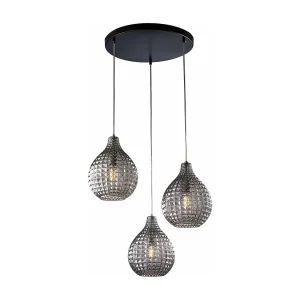 Lampe à suspension Diamante en fer noir et structure chromée avec câbles réglables et diffuseurs en verre soufflé miroir gris Lampe à suspension Diamante en fer noir et structure chromée avec câbles réglables et diffuseurs en verre soufflé miroir gris