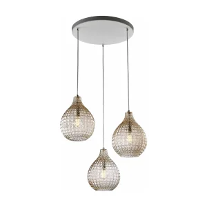 Lampe à suspension Diamante en fer blanc et structure chromée avec câbles réglables et diffuseurs en verre soufflé ambré Lampe à suspension Diamante en fer blanc et structure chromée avec câbles réglables et diffuseurs en verre soufflé ambré