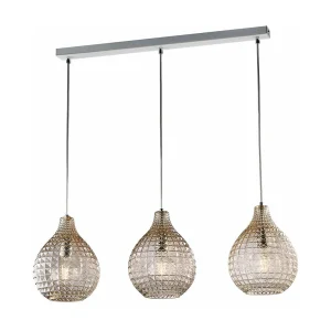 Rail Diamante blanc, cadre chromé, verre soufflé ambré effet cristal, câbles réglables, 3 lumières, style chic