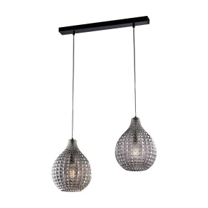 Rail Diamante noir, cadre chromé, verre soufflé miroir gris effet cristal, câbles réglables, 2 lumières raffinées