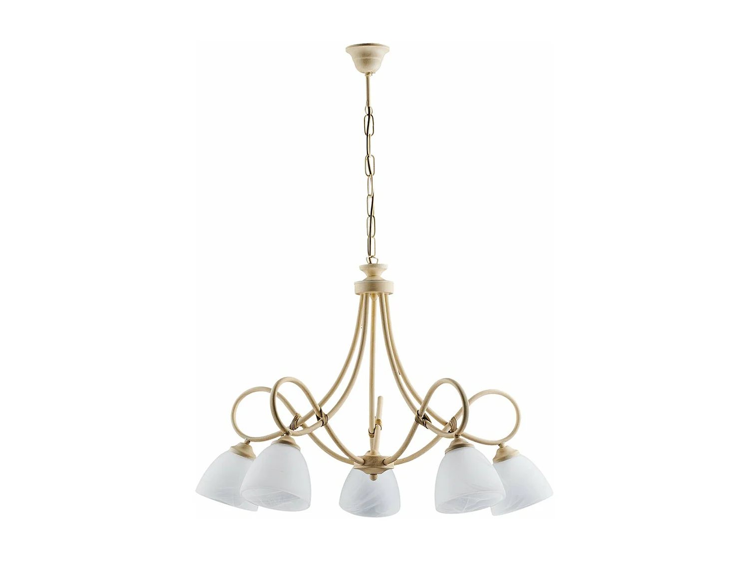 Lustre Dallas ivoire, effet décapé/or antique, verre albâtre d.13, 5 lumières style classique revisité