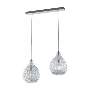 Rail Diamante blanc, cadre chromé, verre soufflé transparent effet cristal, câbles réglables, 2 lumières élégantes