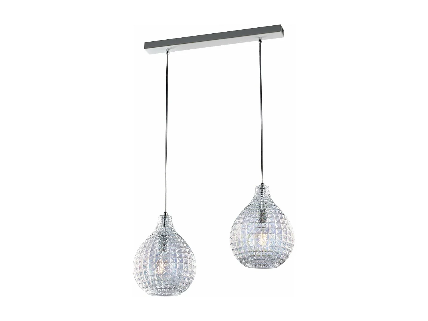 Rail Diamante blanc, cadre chromé, verre soufflé transparent effet cristal, câbles réglables, 2 lumières élégantes