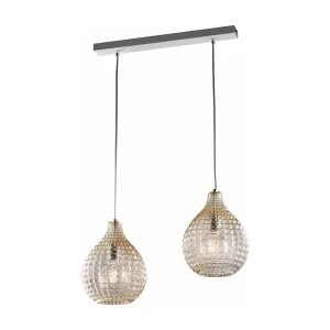 Rail Diamante blanc, cadre chromé, verre soufflé ambré effet cristal, câbles réglables, 2 lumières pour ambiance douce