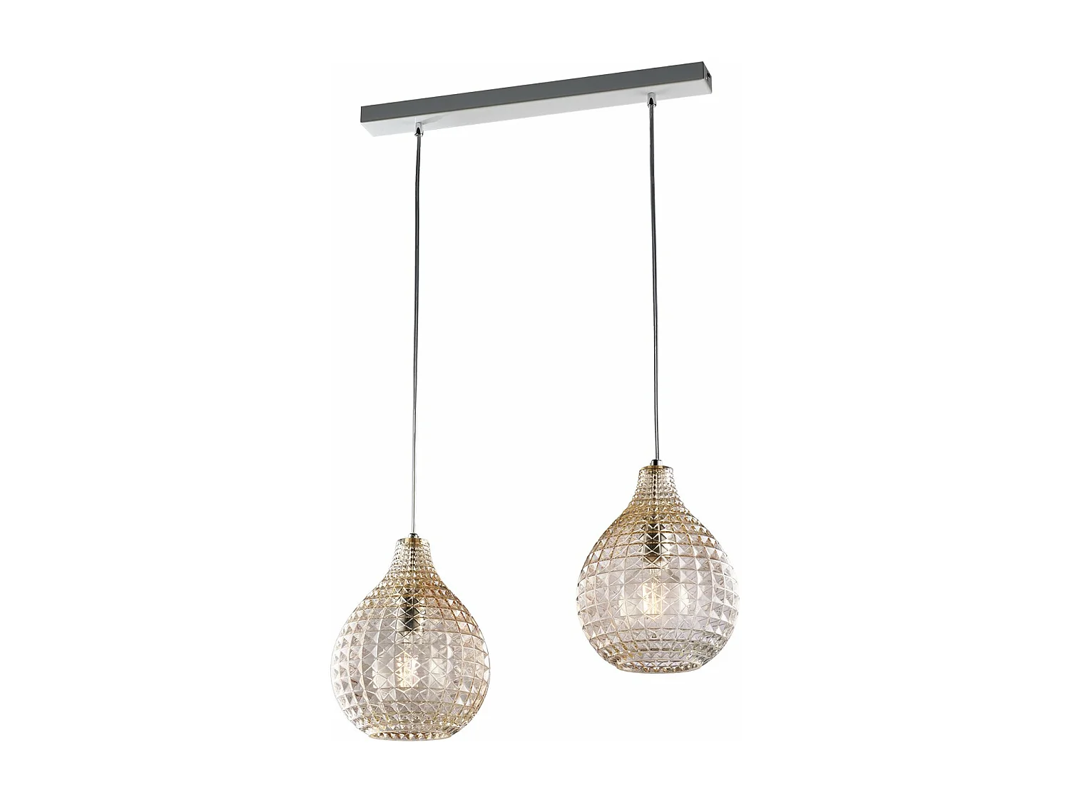 Rail Diamante blanc, cadre chromé, verre soufflé ambré effet cristal, câbles réglables, 2 lumières pour ambiance douce