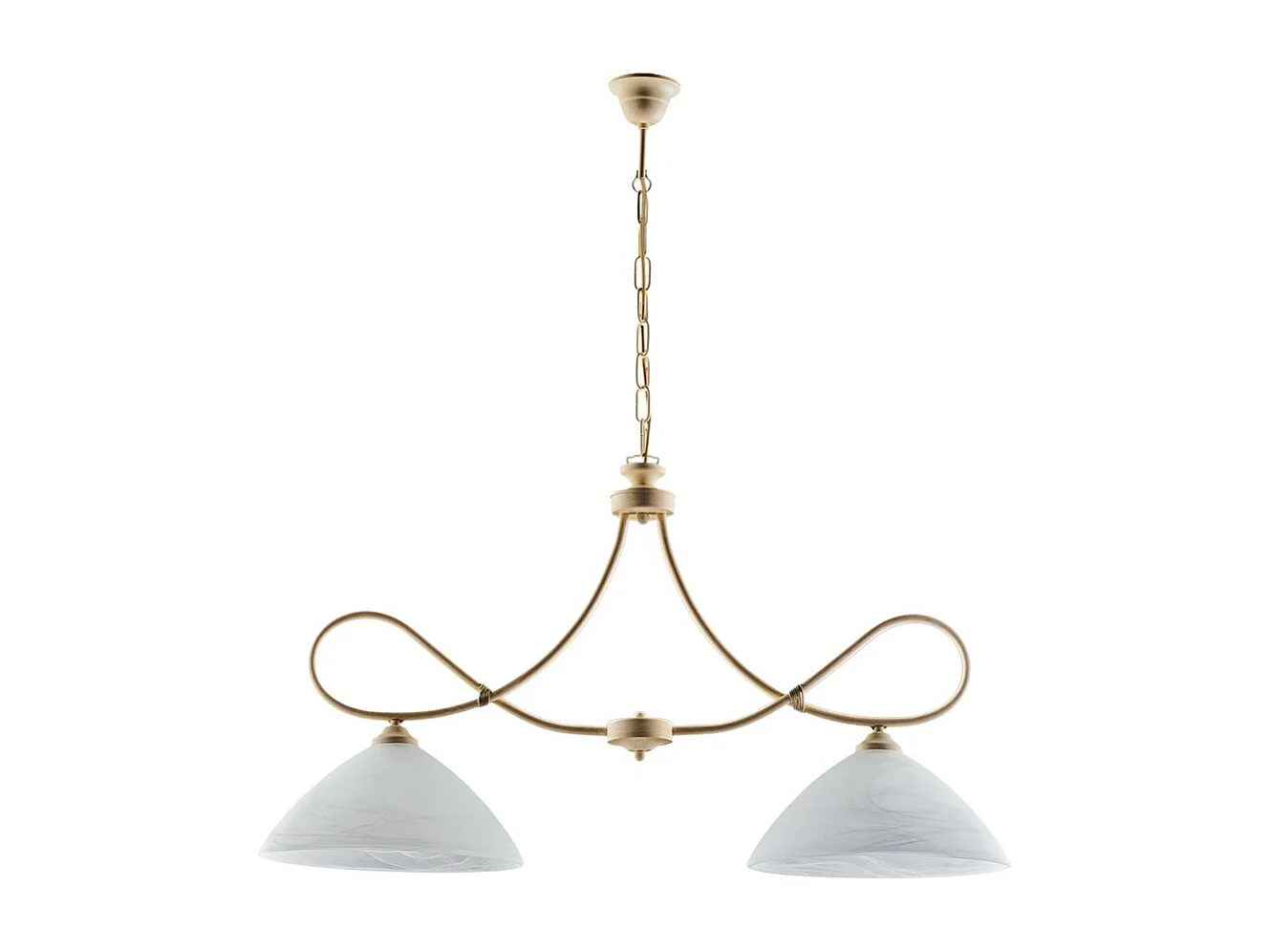 Lustre Dallas ivoire, effet décapé et or antique, verre albâtre d.13, 2 lumières, idéal pour petites pièces