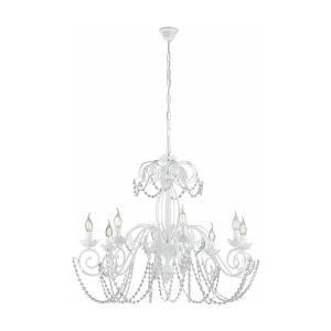 Damasco Lustre en fer laqué blanc décoration effet shabby chic et strass cristal 8 lumières 130 d.90 BL77-8-BCO
