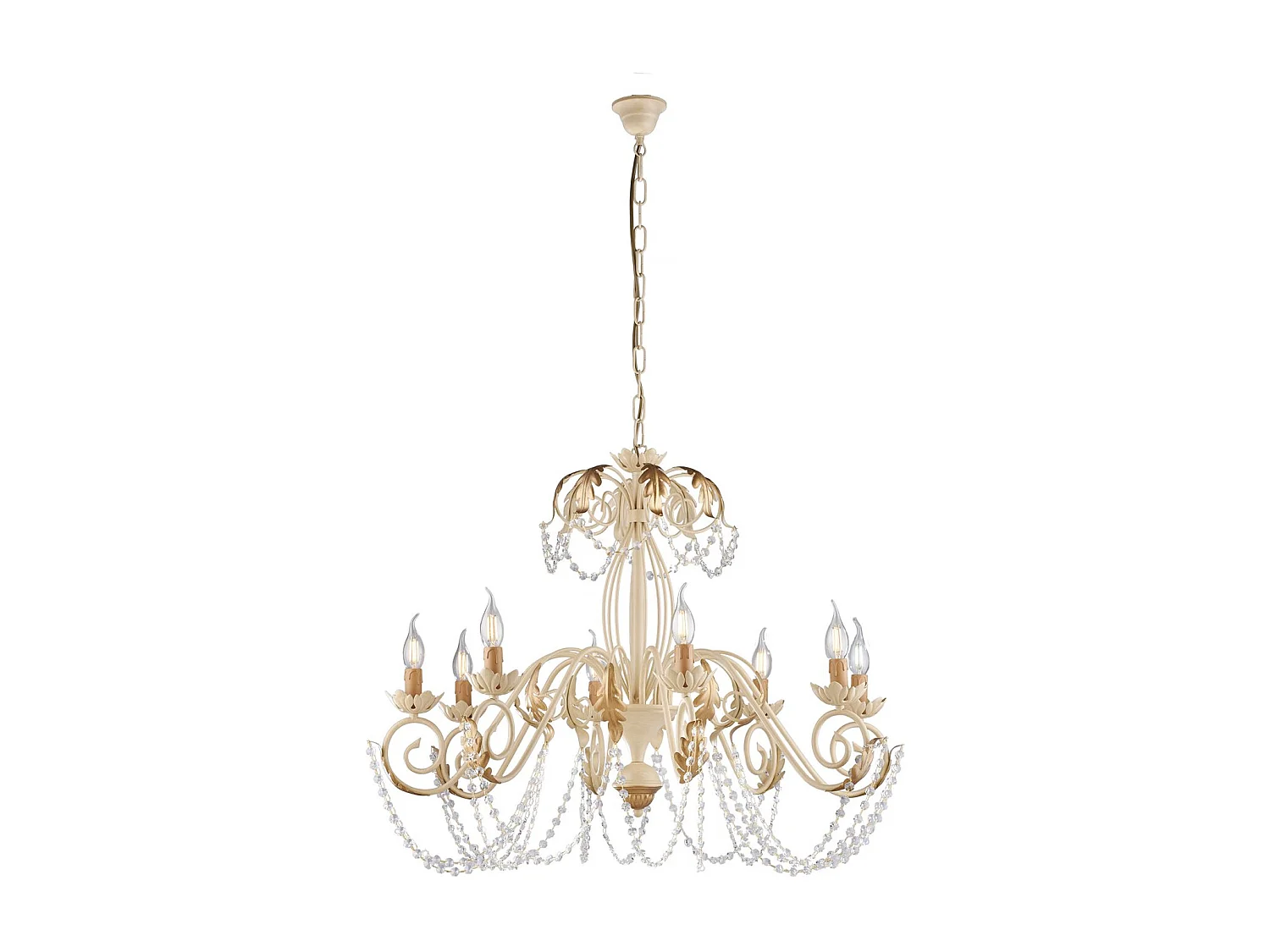Lustre Damasco fer ivoire, strass cristal, déco or antique effet décapé, 8 lumières d.90 cm style classique chic