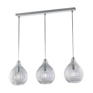 Rail Diamante blanc, cadre chromé, verre soufflé transparent effet cristal, câbles réglables, 3 lumières modernes