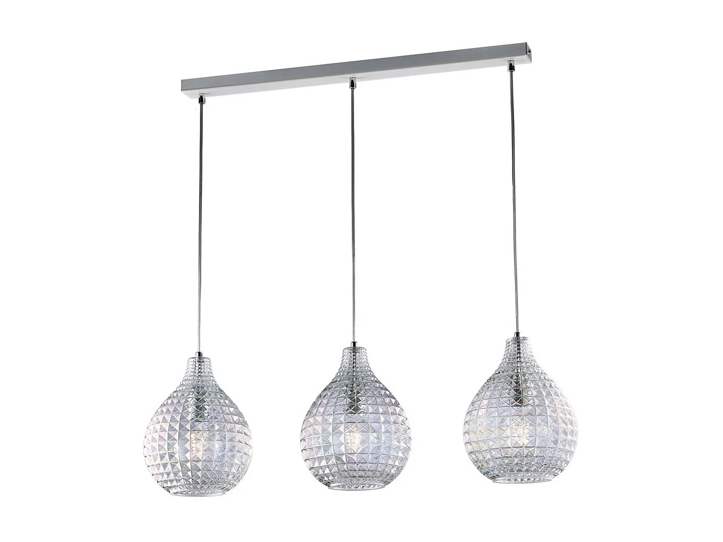 Rail Diamante blanc, cadre chromé, verre soufflé transparent effet cristal, câbles réglables, 3 lumières modernes