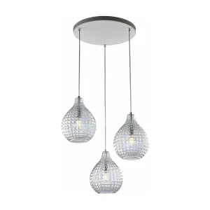 Lampe à suspension Diamante en fer blanc et structure chromée avec câbles réglables et diffuseurs en verre soufflé transparent Lampe à suspension Diamante en fer blanc et structure chromée avec câbles réglables et diffuseurs en verre soufflé transparent