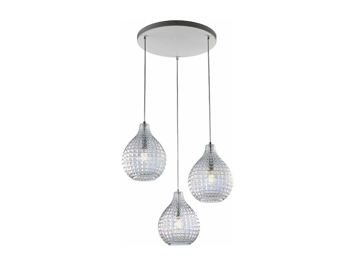 Lampe à suspension Diamante en fer blanc et structure chromée avec câbles réglables et diffuseurs en verre soufflé transparent