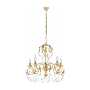Lustre Damasco fer ivoire, strass cristal, déco or antique effet décapé, 5 lumières d.63 cm ambiance raffinée Lustre Damasco fer ivoire, strass cristal, déco or antique effet décapé, 5 lumières d.63 cm ambiance raffinée
