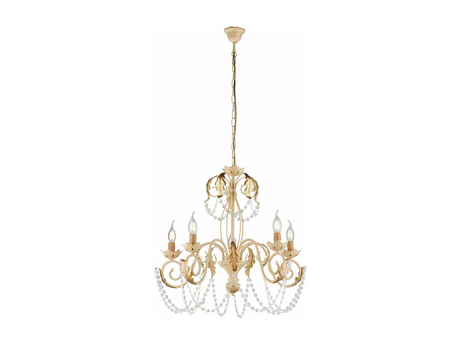 Lustre Damasco fer ivoire, strass cristal, déco or antique effet décapé, 5 lumières d.63 cm ambiance raffinée