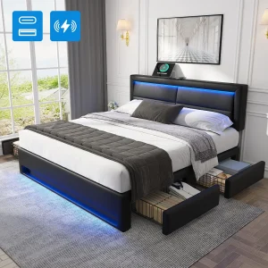 Design tweepersoonsbed 140×190 cm – draadloos USB opladen & LED – 4 lades – zwart (zonder matras) Design tweepersoonsbed 140×190 cm – draadloos USB opladen & LED – 4 lades – zwart (zonder matras)