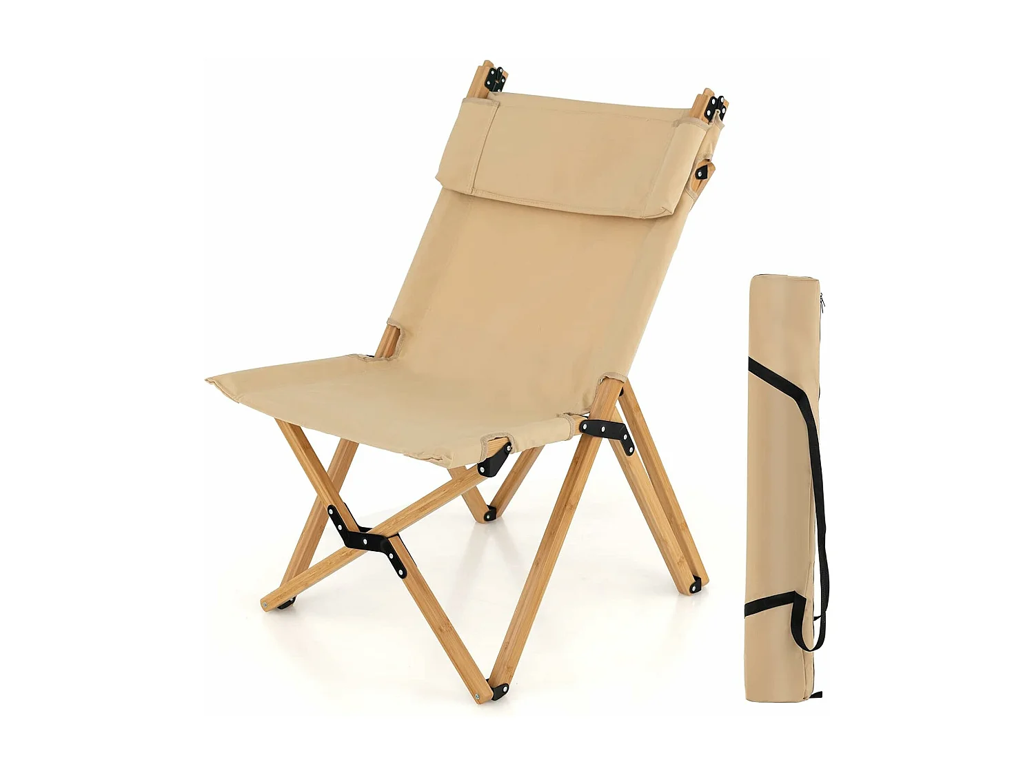 Campingstoel met 2-traps draagbare vouwstoel van bamboe, inclusief draagtas, ultralichte klapstoel, ligstoel, strandstoel voor camping ZB33943