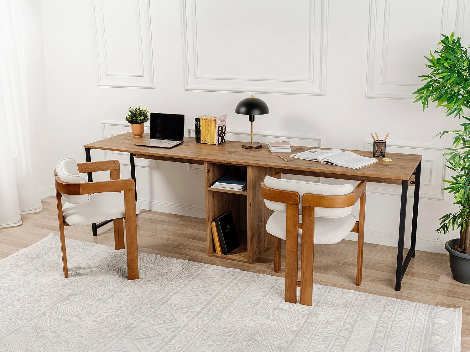 Dubbel bureau met opbergruimtes, naturel en zwart - DERVILO