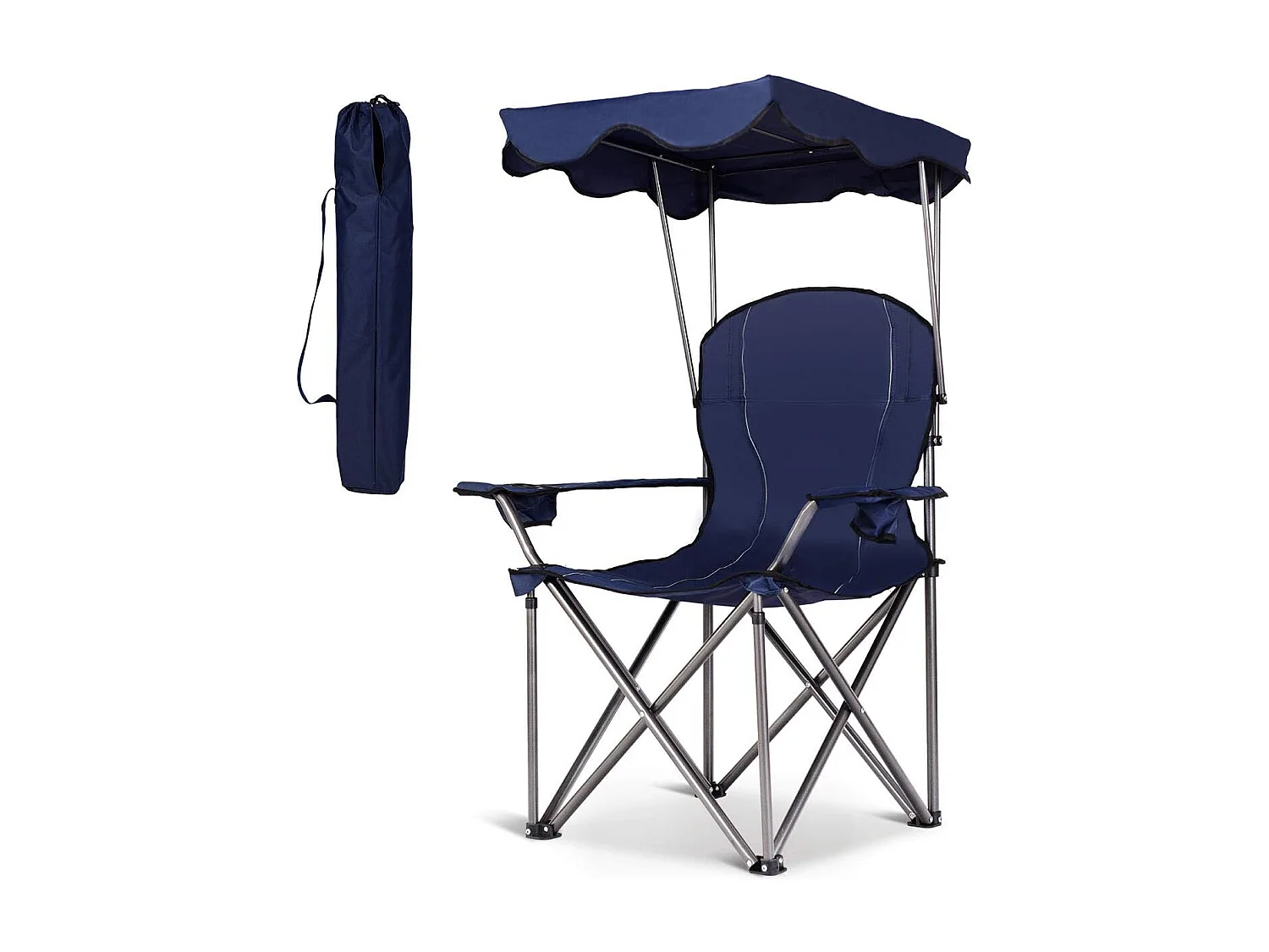 Kampeerstoel met parasol / Opvouwbare strandstoel met bekerhouder, armleuningen, draagbaar, 120 kg (blauw)