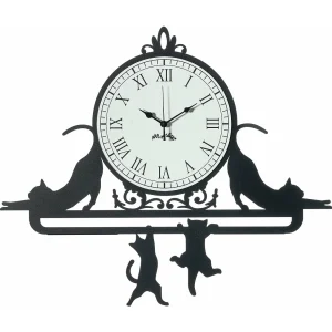 Horloge murale en fer Cattitude 62×52 cm avec chats, cadran blanc, chiffres romains, design élégant original, Made in Italy