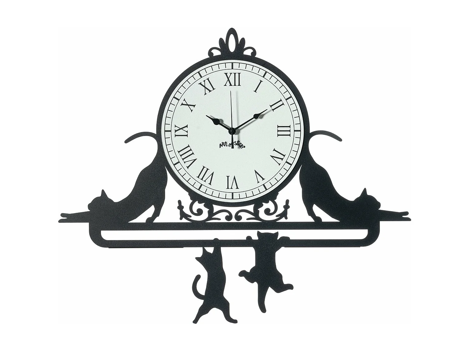 Horloge murale en fer Cattitude 62x52 cm avec chats, cadran blanc, chiffres romains, design élégant original, Made in Italy