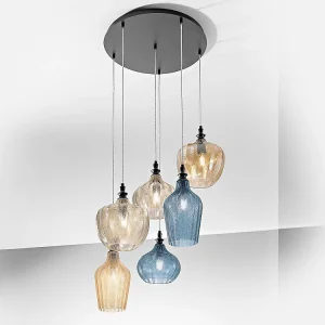 Cleofe – Lustre à suspension 6 lumières en verre ambre, ocre et cobalt – 6XE27 max 6X60W, et élégant