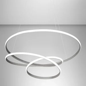Diva – Suspension LED dimmable 80W – en aluminium titane, lumière chaude 3000K, anneaux entrelacés d.85cm Diva – Suspension LED dimmable 80W – en aluminium titane, lumière chaude 3000K, anneaux entrelacés d.85cm