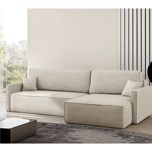 Carlos slaapbank, L-vormige hoekbank met slaapfunctie en bedstee, stof Poso Beige, rechts