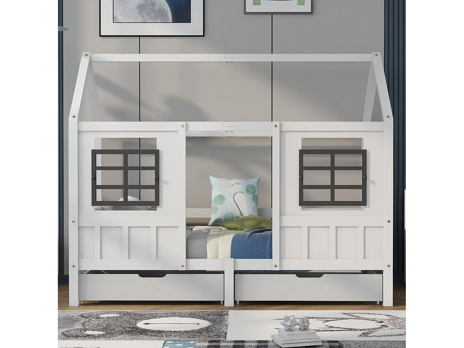 Kajuitbed 90 x 200 cm met 2 lades en 2 ramen - Dennenhout en MDF - Leuningen en lattenbodem - wit