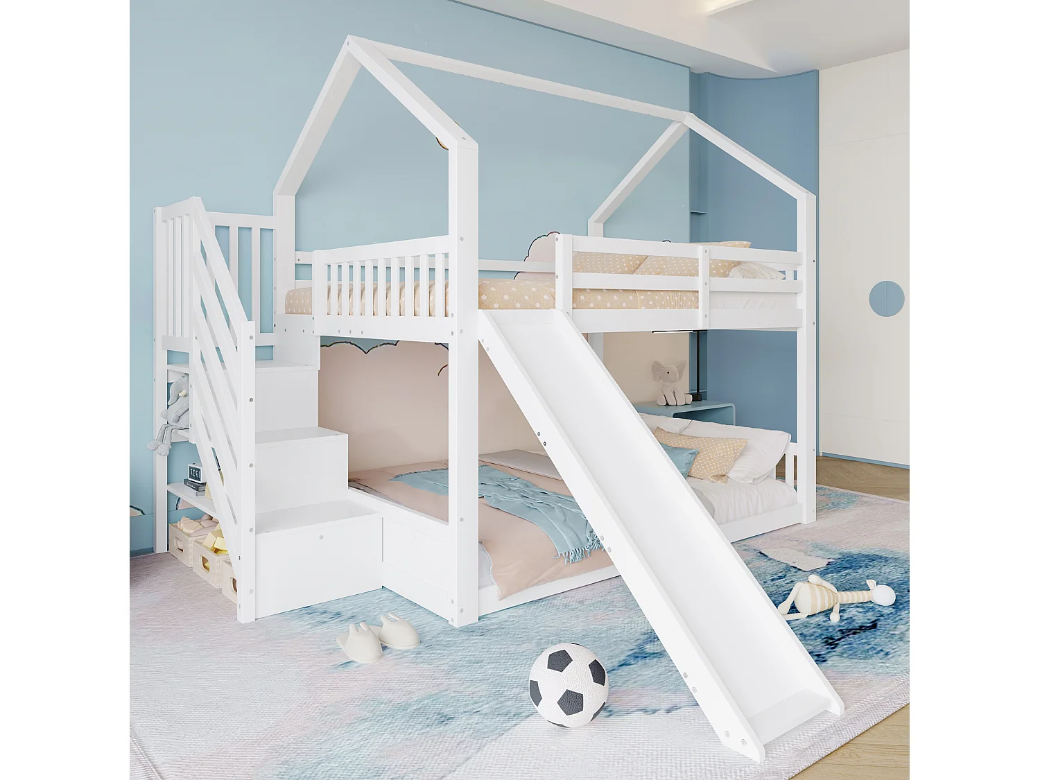 Stapelbed 140 x 200 cm met opbergtrap en glijbaan, grenenhout en MDF, wit