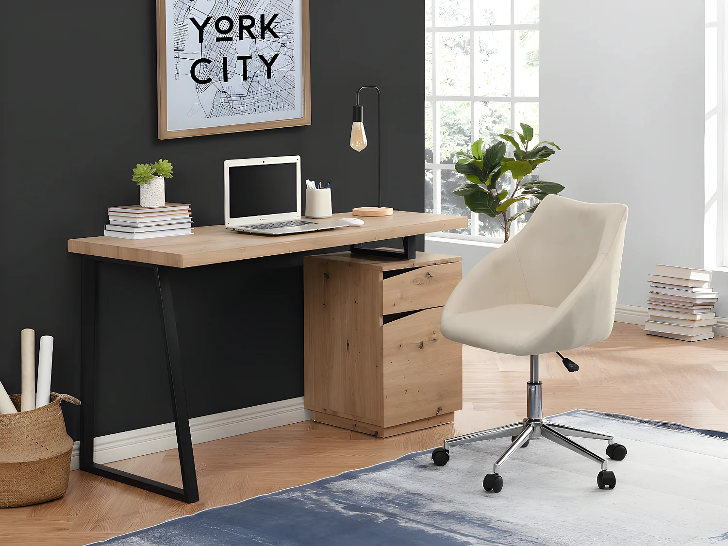 Bureau GOTAMA - 1 lade en 1 deur - Mdf en staal - Eikenkleur en zwart - Koop nu online