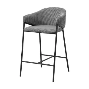 Counterstoel IMANY – Geribbeld donkergrijs fluweel – Met armleuningen – Zwarte metalen poten – Design/industriële stijl