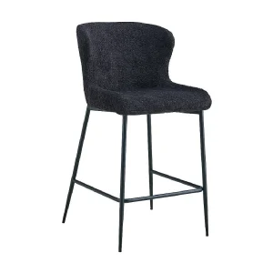 Counterstoel LISE – Donkergrijze bouclé stof – Zwarte metalen poten – Design/industriële stijl