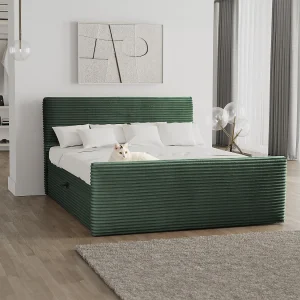 Boxspringbed met bedstee en topper TRENTO stof pluche corduroy 140×200 cm groen H3-Bonell