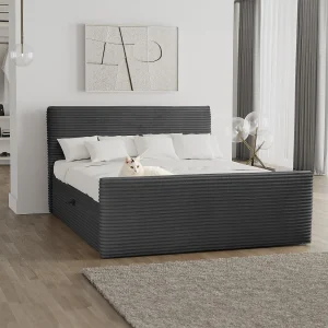 Boxspringbed met bedbodem en topper TRENTO stof pluche corduroy 160×200 cm grafiet H3-Bonell