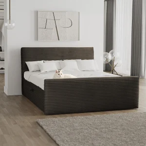 Boxspringbed met bedstee en topper TRENTO stof pluche corduroy 180×200 cm bruin H3-Bonell