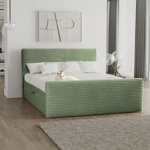Boxspringbed met bedbodem en topper TRENTO stof pluche corduroy 120×200 cm Olijf H3-Bonell