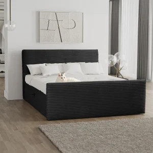 Boxspringbed met bedstee en topper TRENTO stof pluche corduroy 160×200 cm zwart H3-Bonell