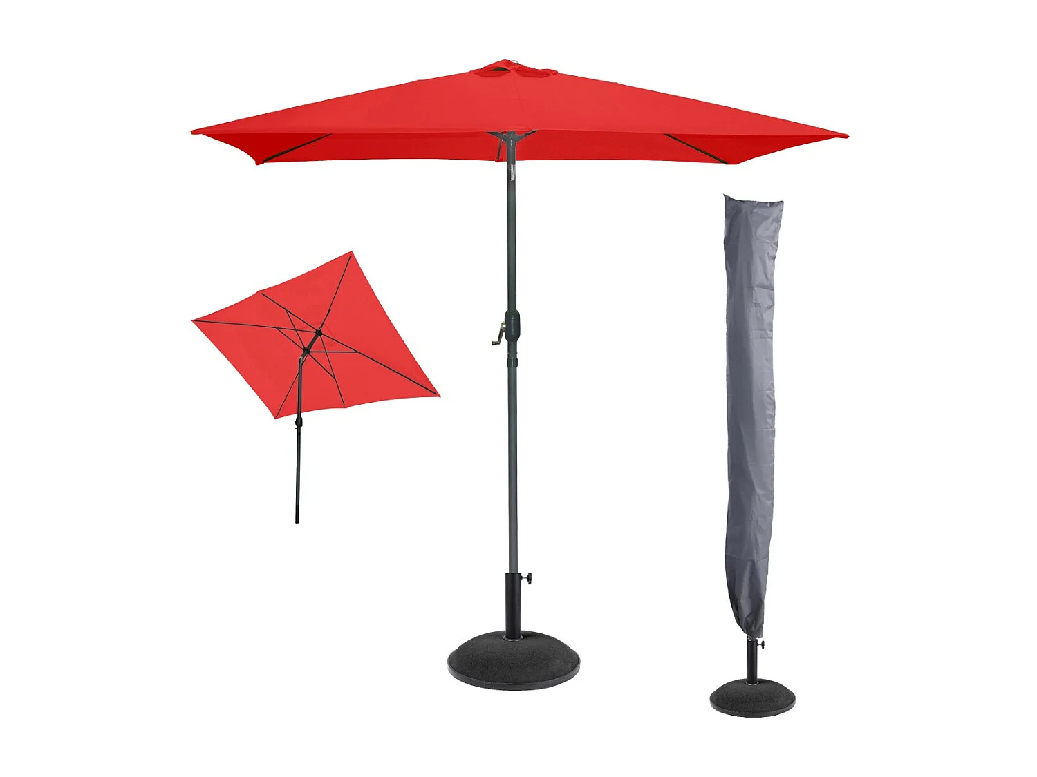De onmisbare zomer: Rode kantelbare parasol + UV-beschermhoes + cementvoeten 25Kg
