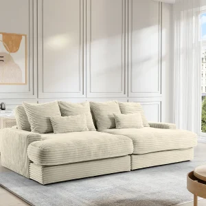 Vierzitsbank met diepe zitting van beige ribfluweel met brede ribbels CALAZO