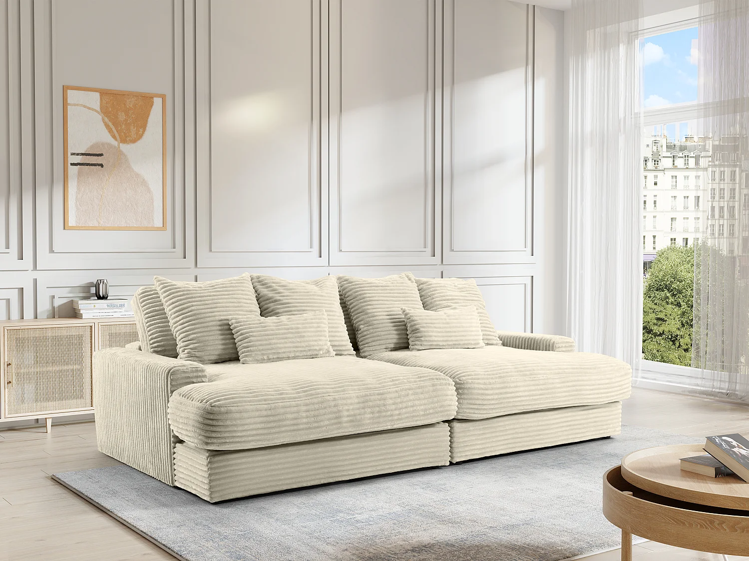 Vierzitsbank met diepe zitting van beige ribfluweel met brede ribbels CALAZO