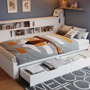 Dagbed 140×200 cm – met 2 lades – met planken en opbergkasten – MDF – Wit (zonder matras)