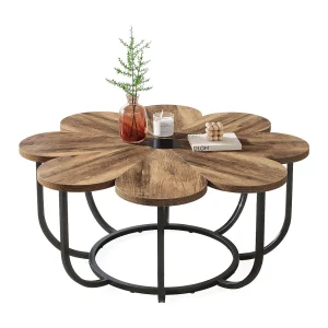 Bruine en zwarte salontafel, 100 cm moderne bijzettafel met bloemvormig houten blad en metalen frame voor woonkamer en slaapkamer
