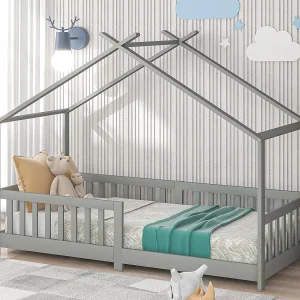 Cabinebed kinderbed 90x200cm in massief hout met valbeveiliging en lattenbodem – Grijs