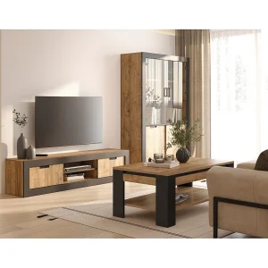 Complete woonkamerset MEUNIER – Tv-meubel, vitrinekast & salontafel in Samdal eiken & mat zwart Complete woonkamerset MEUNIER – Tv-meubel, vitrinekast & salontafel in Samdal eiken & mat zwart