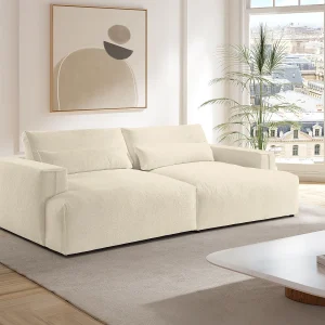 Comfortabele vierzitsbank met diepe zitting van beige stof met textuur COLYSA Comfortabele vierzitsbank met diepe zitting van beige stof met textuur COLYSA
