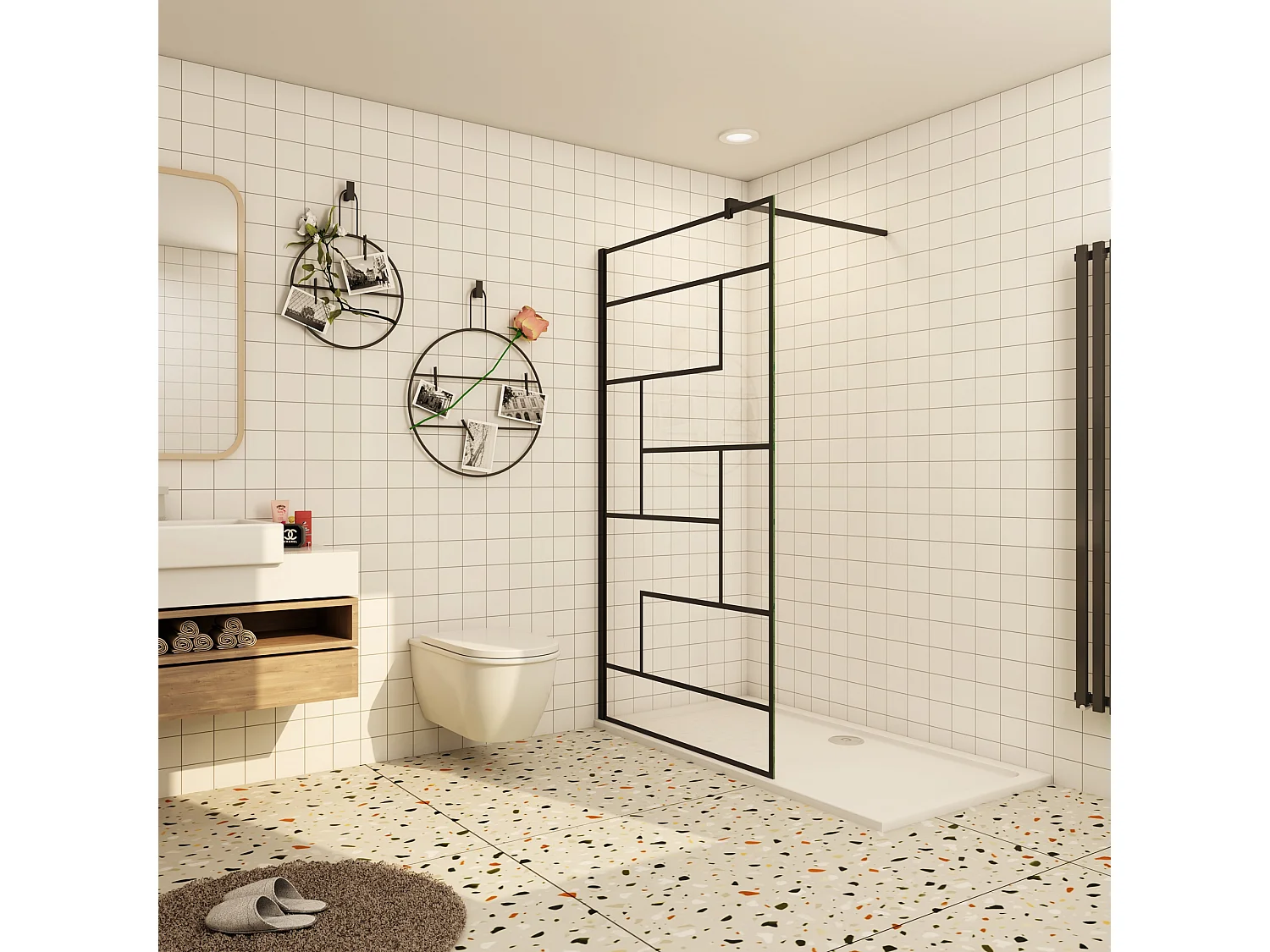 Douchewand-Inloopdouche 70x200cm 8mm NANO Easyclean zwart raster gezeefdrukt gehard glas mat wit profiel 140 cm stabilisatiestang(kan worden gesneden).