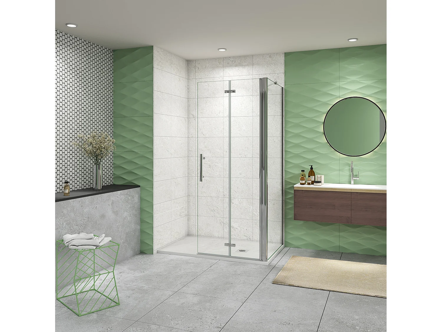 Douchewand-Inloopdouche 70x76x185cm 2 delig inklapbaar 6mm NANO EasyClean veiligheidsglas 45cm Stabilisatiestang (draaibaar) profiel van glanzend chroom.