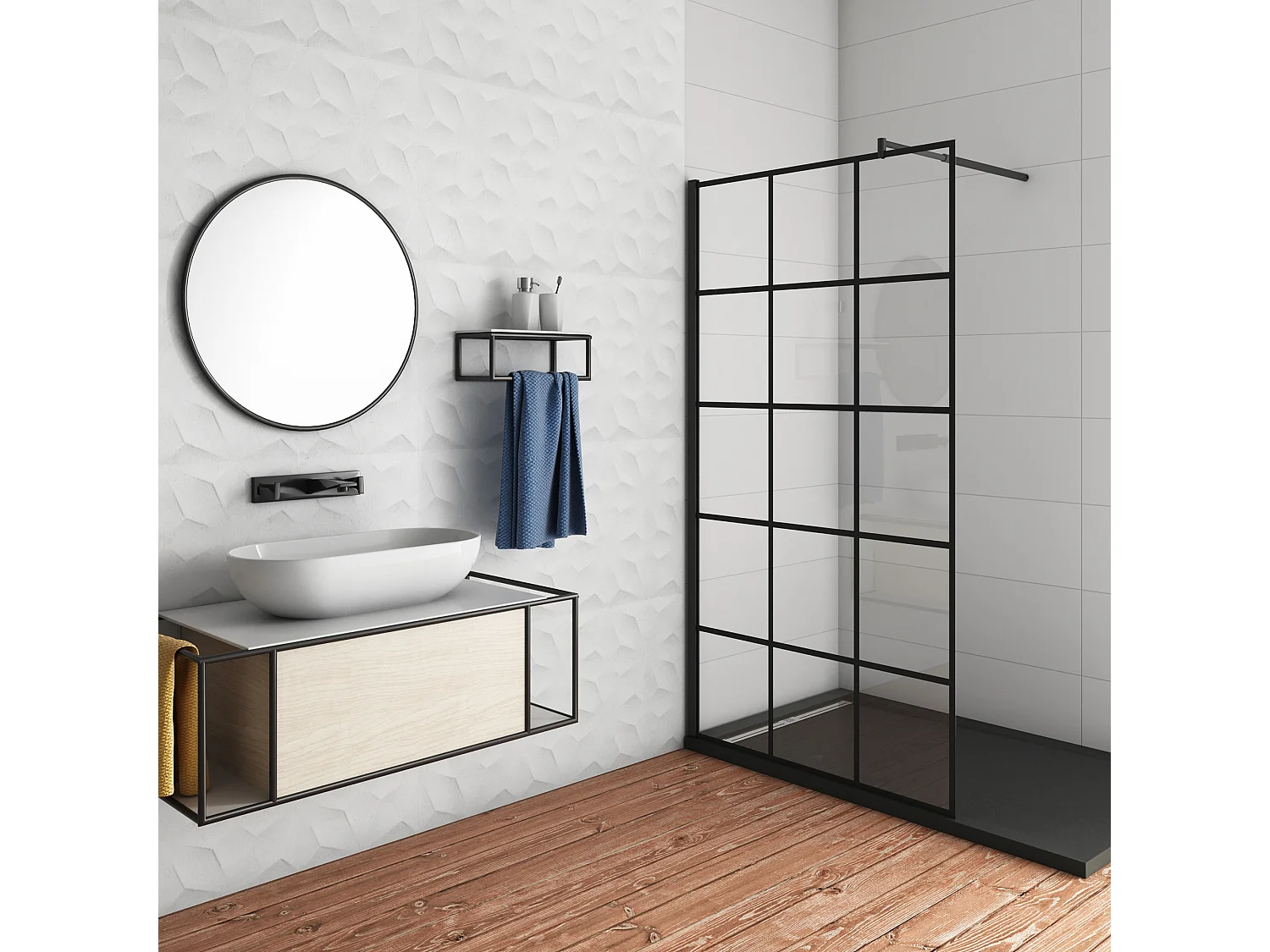 Douchewand-Inloopdouche 90x200cm met mat Zwart kader en raster 8mm NANO EasyClean veiligheidsglas mat zwart profiel Stabilisatiestang 70-120 cm